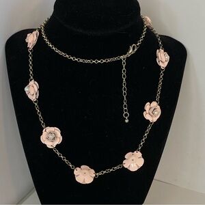 Vtg Pink Metal Flower Necklace One Strand Station Pearl Chain Link Dimensional
